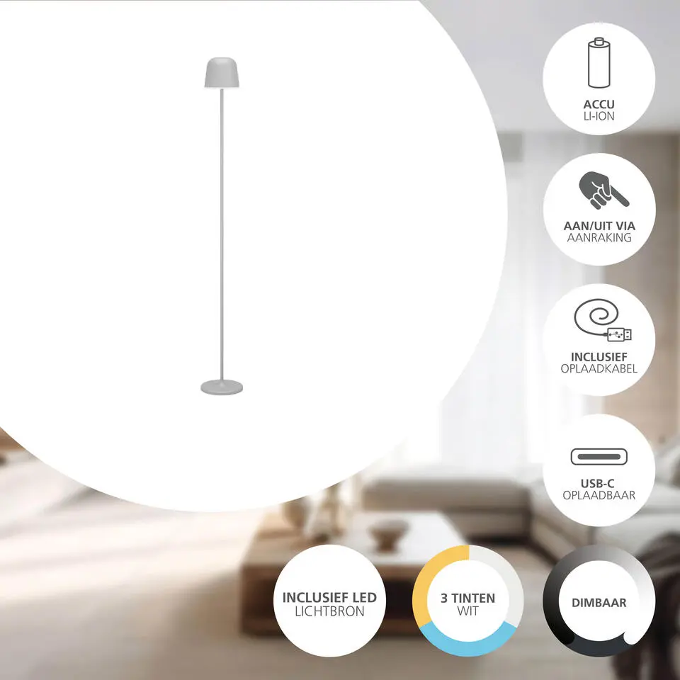 EGLO Mannera-L Staande lamp - USB-C - H 140 cm - Grijs