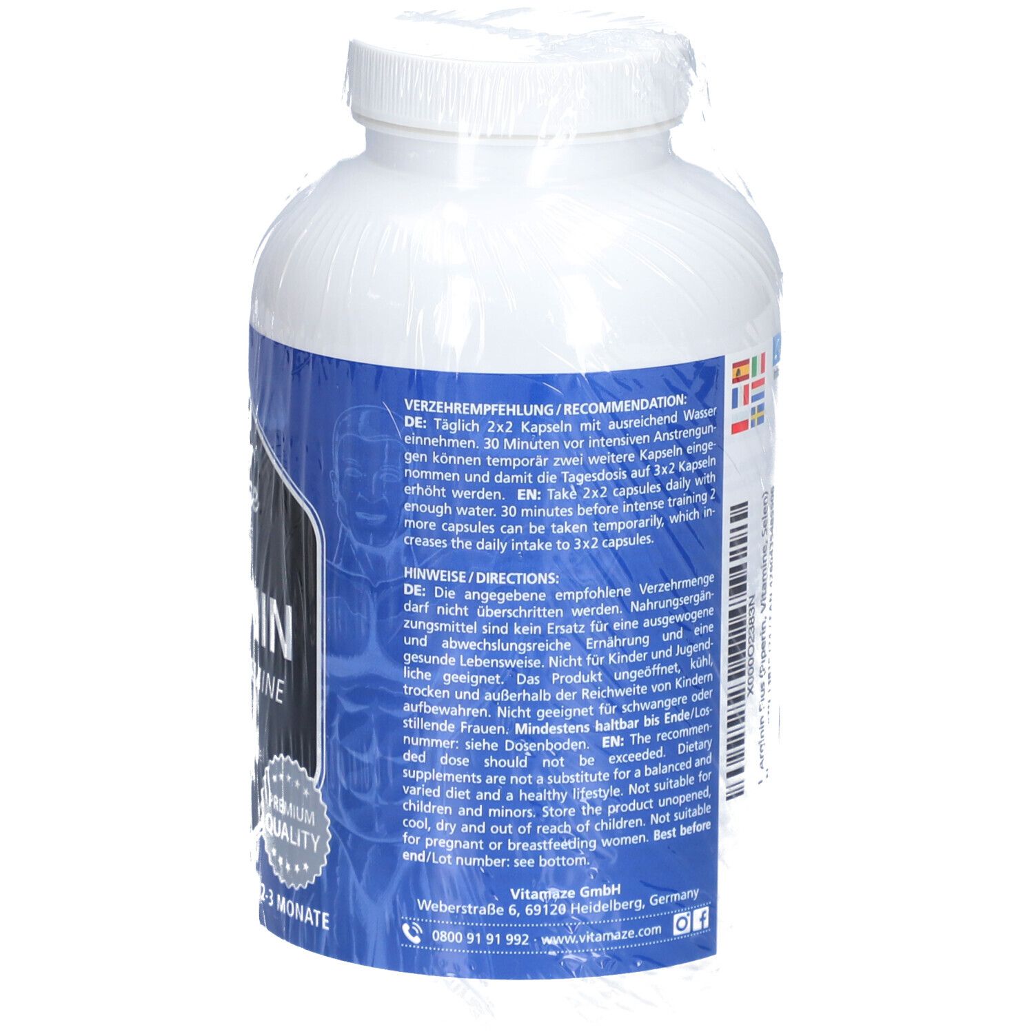 L-ARGININ 750 mg hochdosiert + Piperin + Vitamine