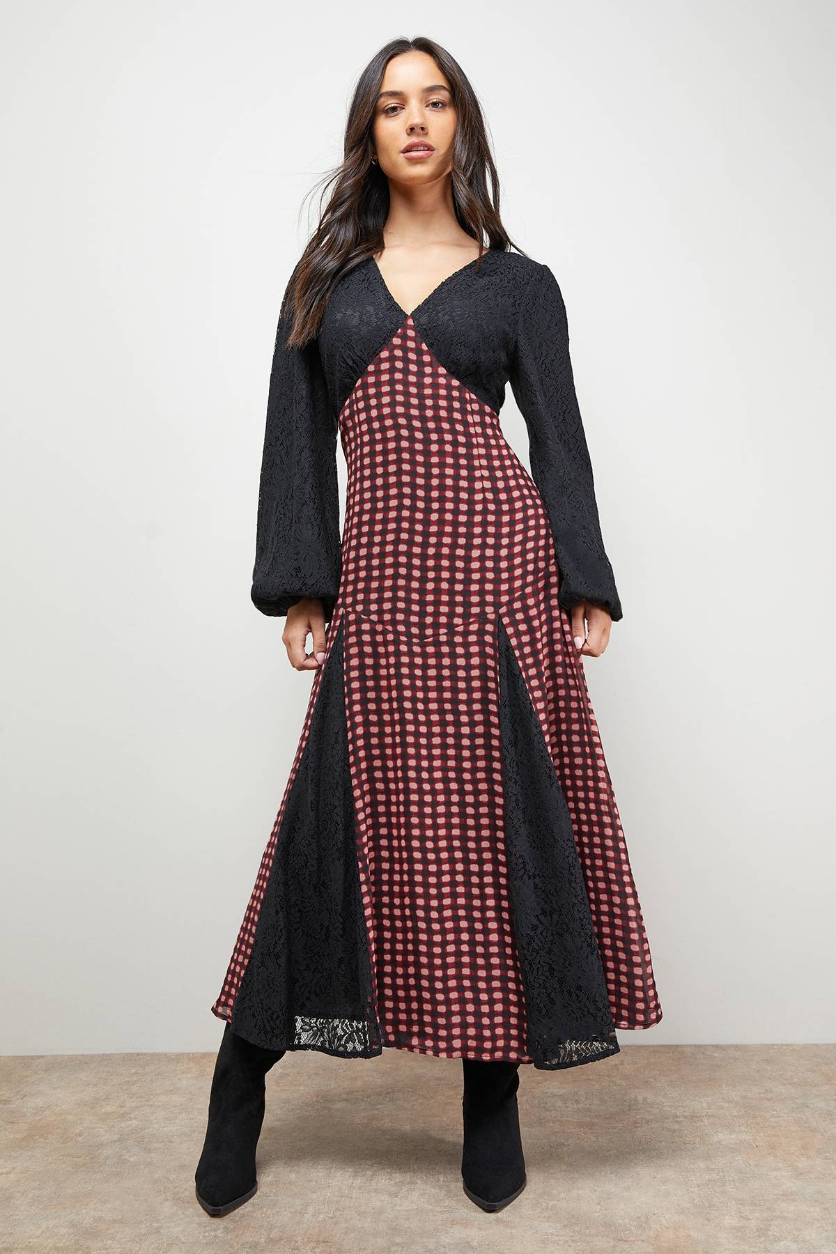 Oasis Robe Midaxi à Carreaux avec Panneaux Contrastés