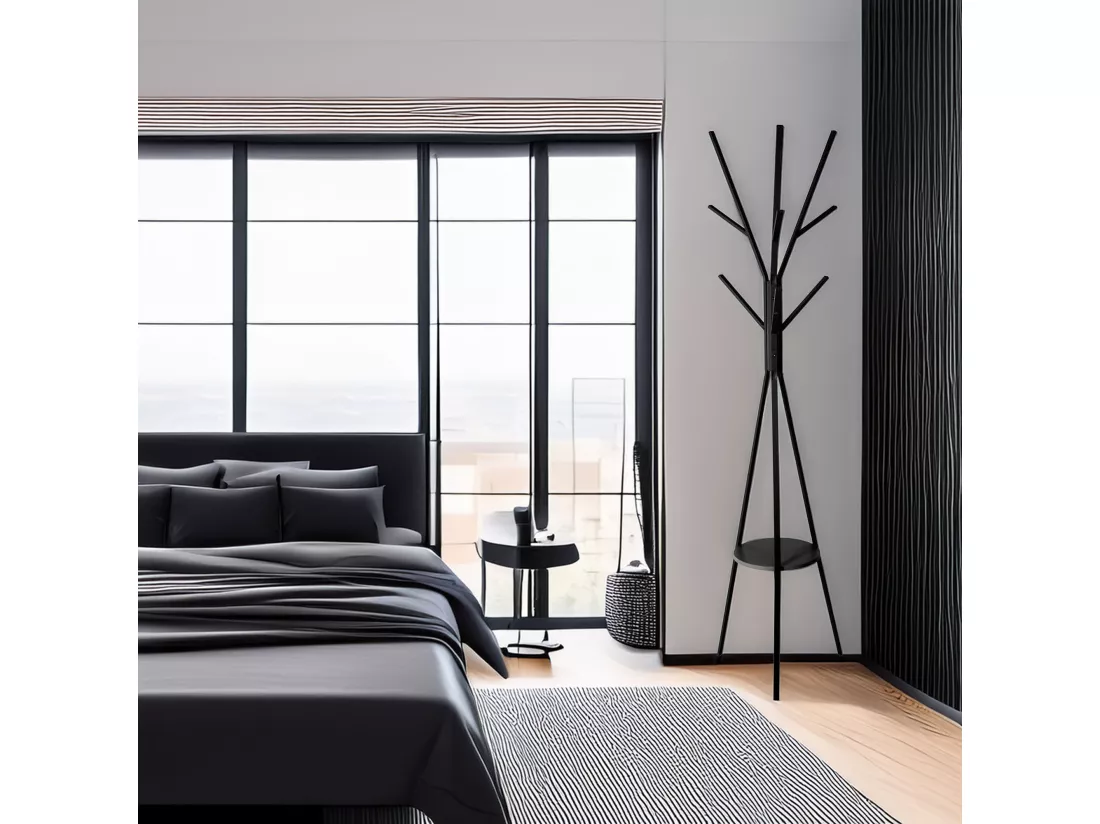 WELL HOME - Porte-manteau en bois MDF noir et métal H.180