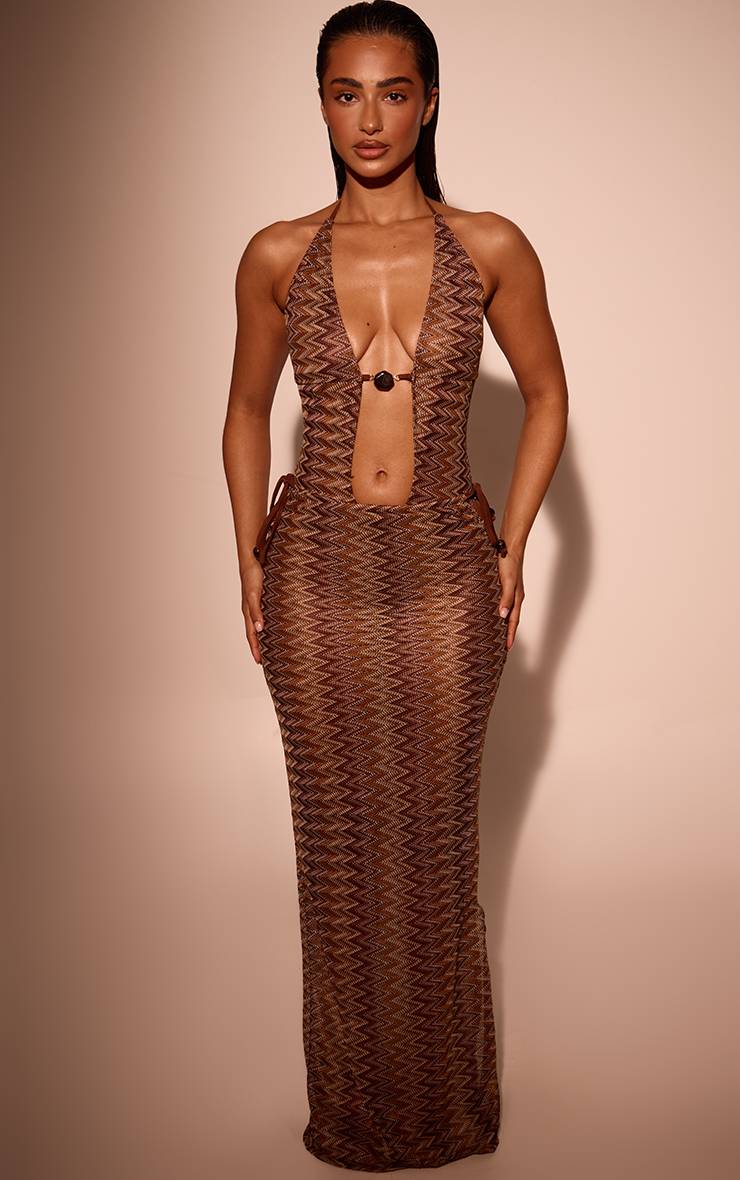 Marron Jupe Longue De Plage Jacquard Taille Basse