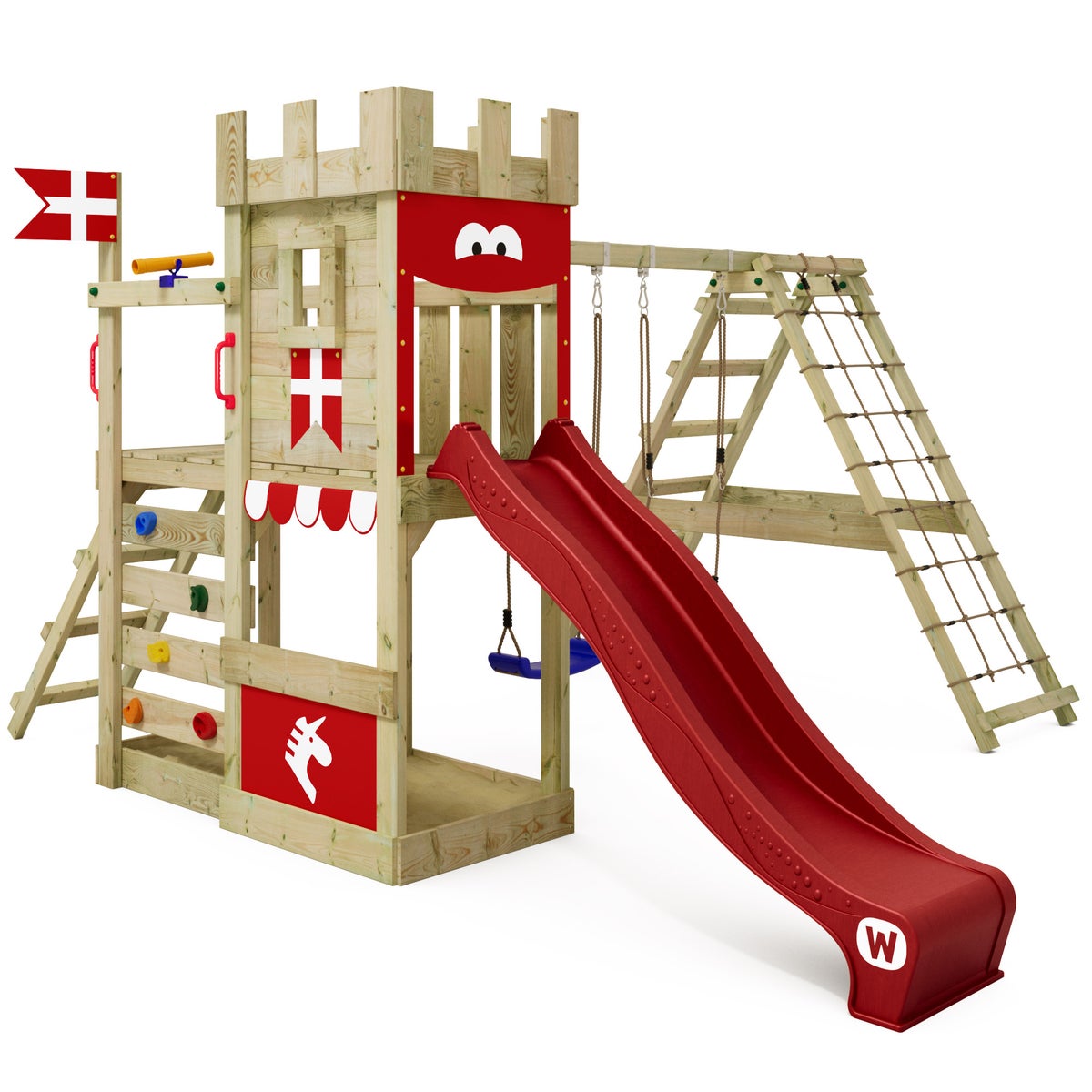 WICKEY DragonFlyer Castle Speeltoren met Schommel en Glijbaan, Speelhuis met Zandbak, Klimladder en Speelaccessoires - Rood