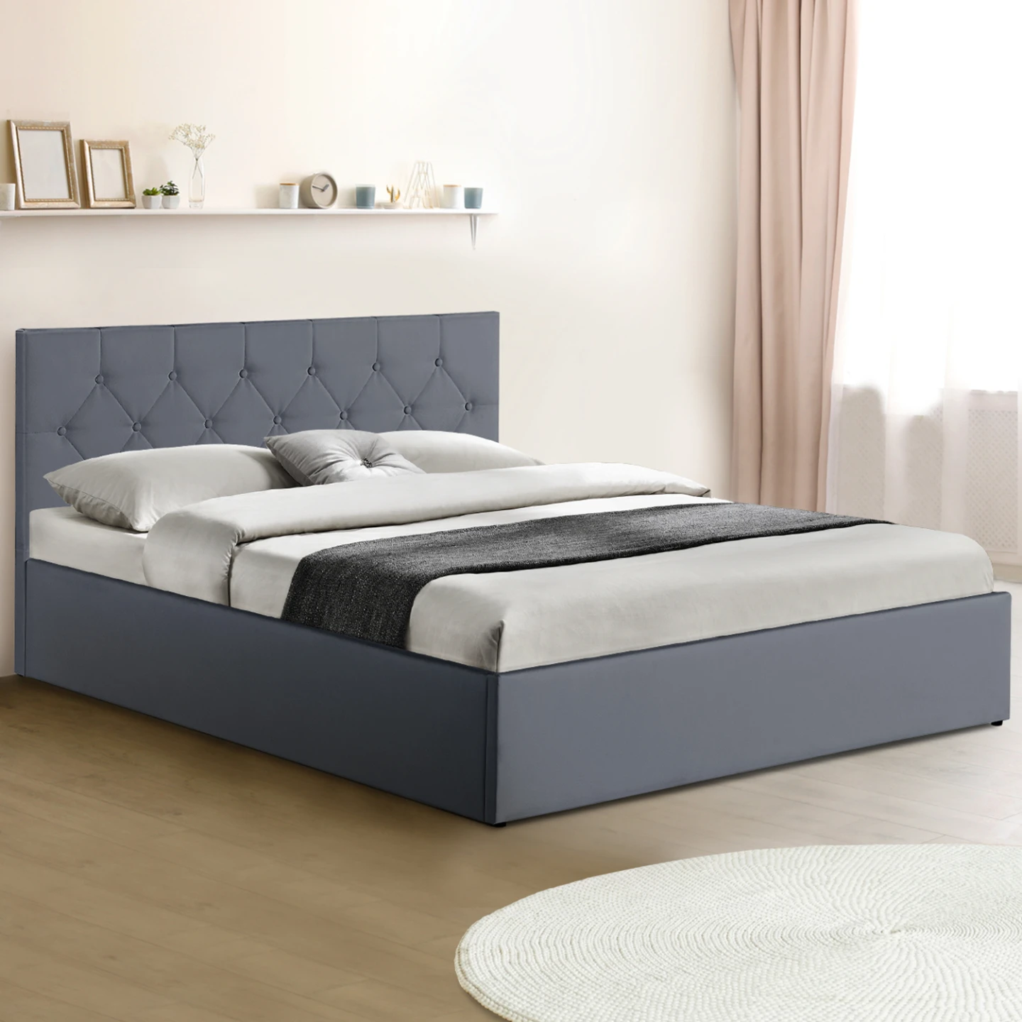 Lit coffre double AUSTIN avec tête de lit et sommier 140 x 190 cm PVC gris