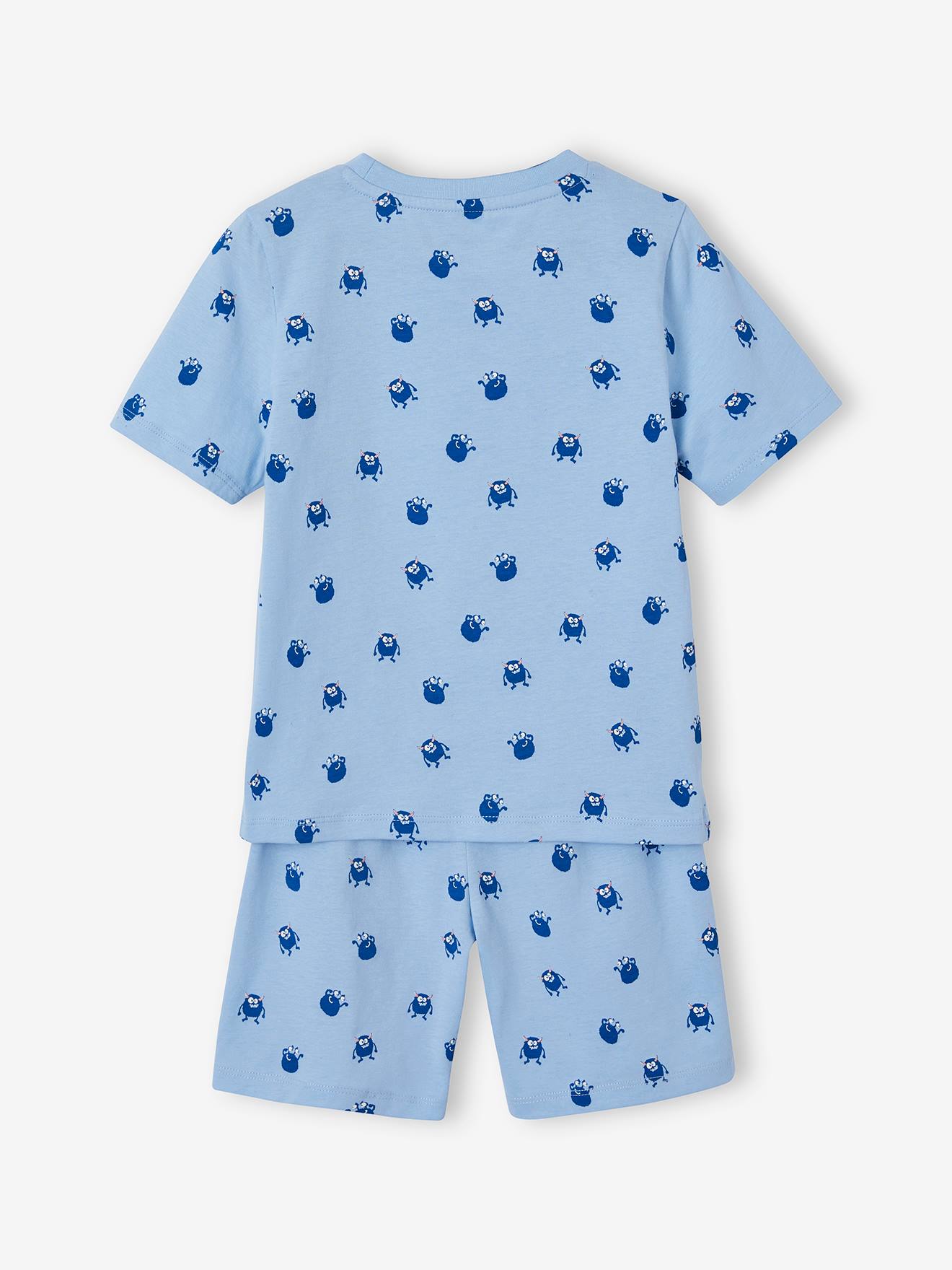 Pijama curto azul claro infantil de malha favo de mel com estampa de monstro.