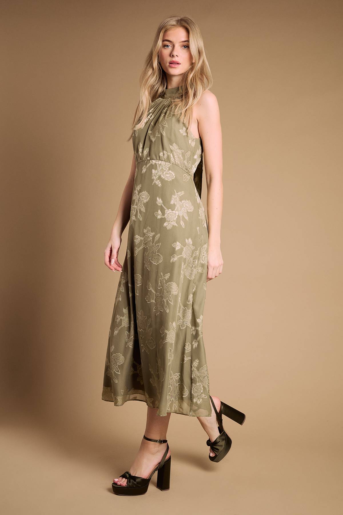 Oasis Sandales À Plateforme Et Talon Bloc Haut Melody En Satin Olive Avec Nœud