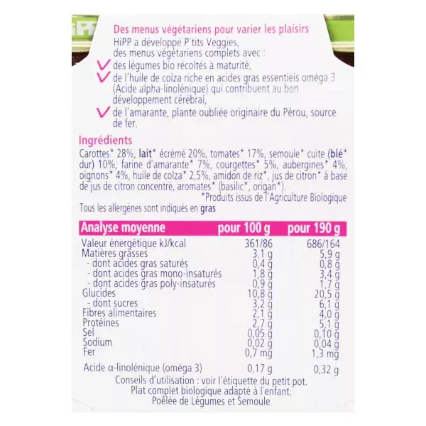 Hipp Organic P'tits Veggies - Refogado de Legumes e Sêmola +6m 2 x 190g