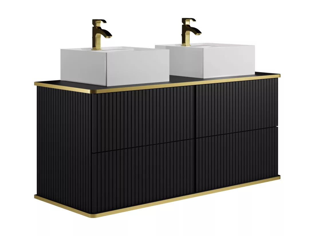 Meuble de salle de bain suspendu strié liseré doré avec double vasque à poser carrée - Noir - 120 cm - KELIZA