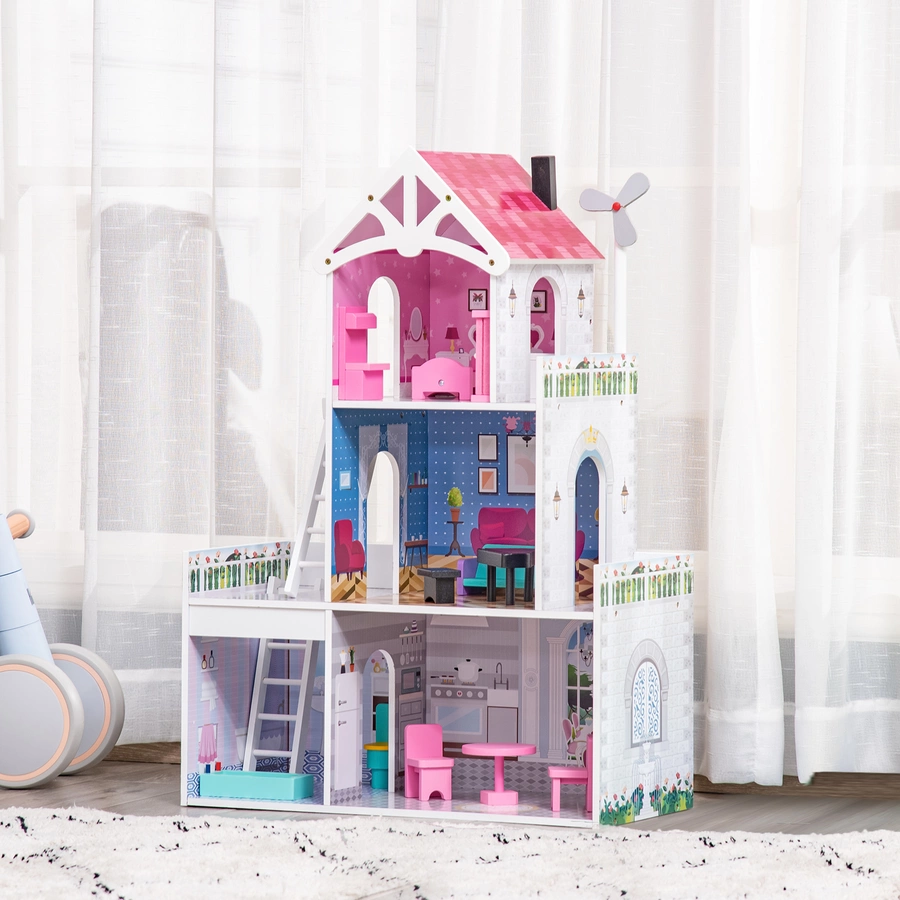 HOMCOM Kinder Puppenhaus mit 3 Etagen rosa