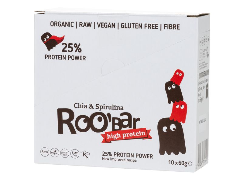Roobar Rohkost Protein Riegel Chia & Spirulina 10 x 60 g Bio-Riegel auf Basis von Datteln und Cashewkernen