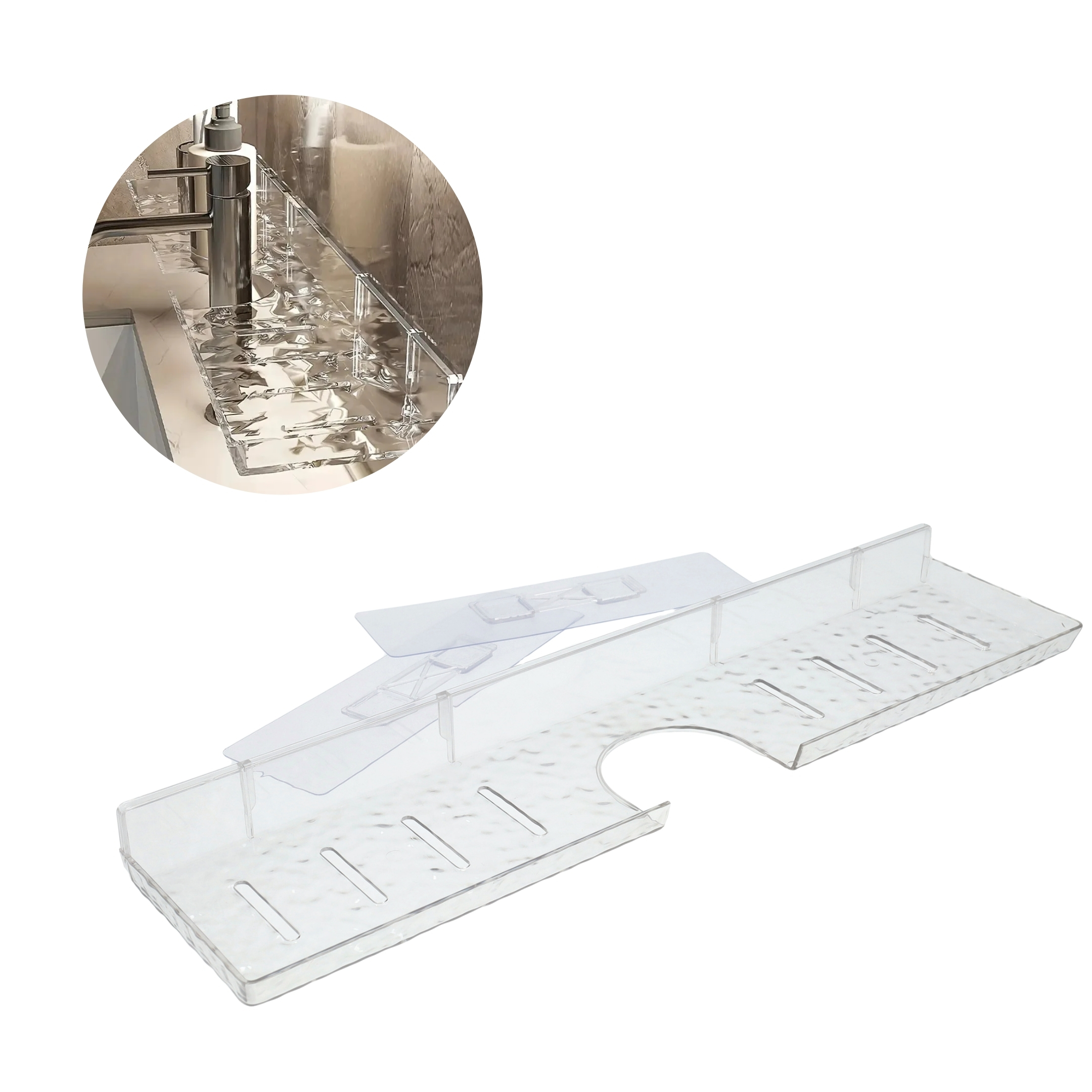 (55x11cm) Schwebendes Badezimmer Wasserhahn Regal Selbstklebende Waschbecken Ablage Wandregal ohne Bohren - Transparent