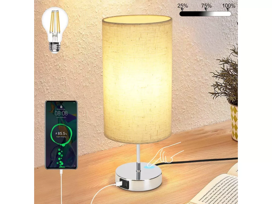 NETTLIFE lampe de chevet tactile dimmable avec fonction de charge lampe de table moderne avec USB E27