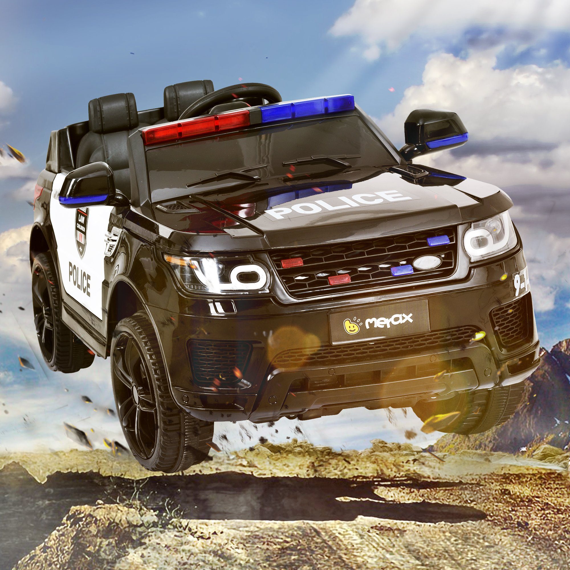 Carrinho elétrico infantil Merax com USB, AUX e Bluetooth, incluindo controle remoto, capacidade de carga de 30 kg, carro de polícia elétrico, carrinho infantil.
