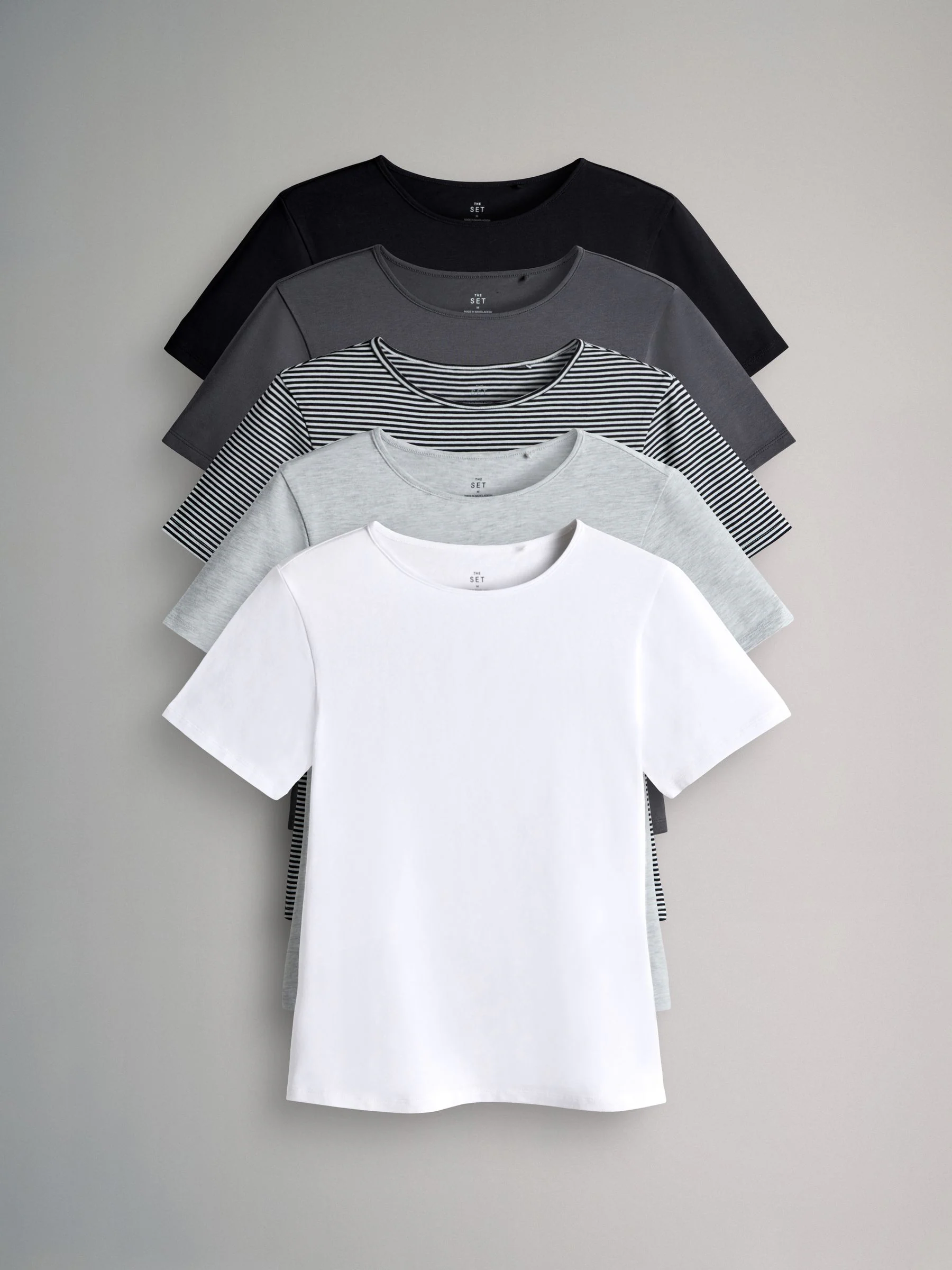 Wit/Zwart/Antraciet/Gemêleerd grijs/Strepen - The Set 5 Pack Korte mouwen T-shirts met Ronde hals