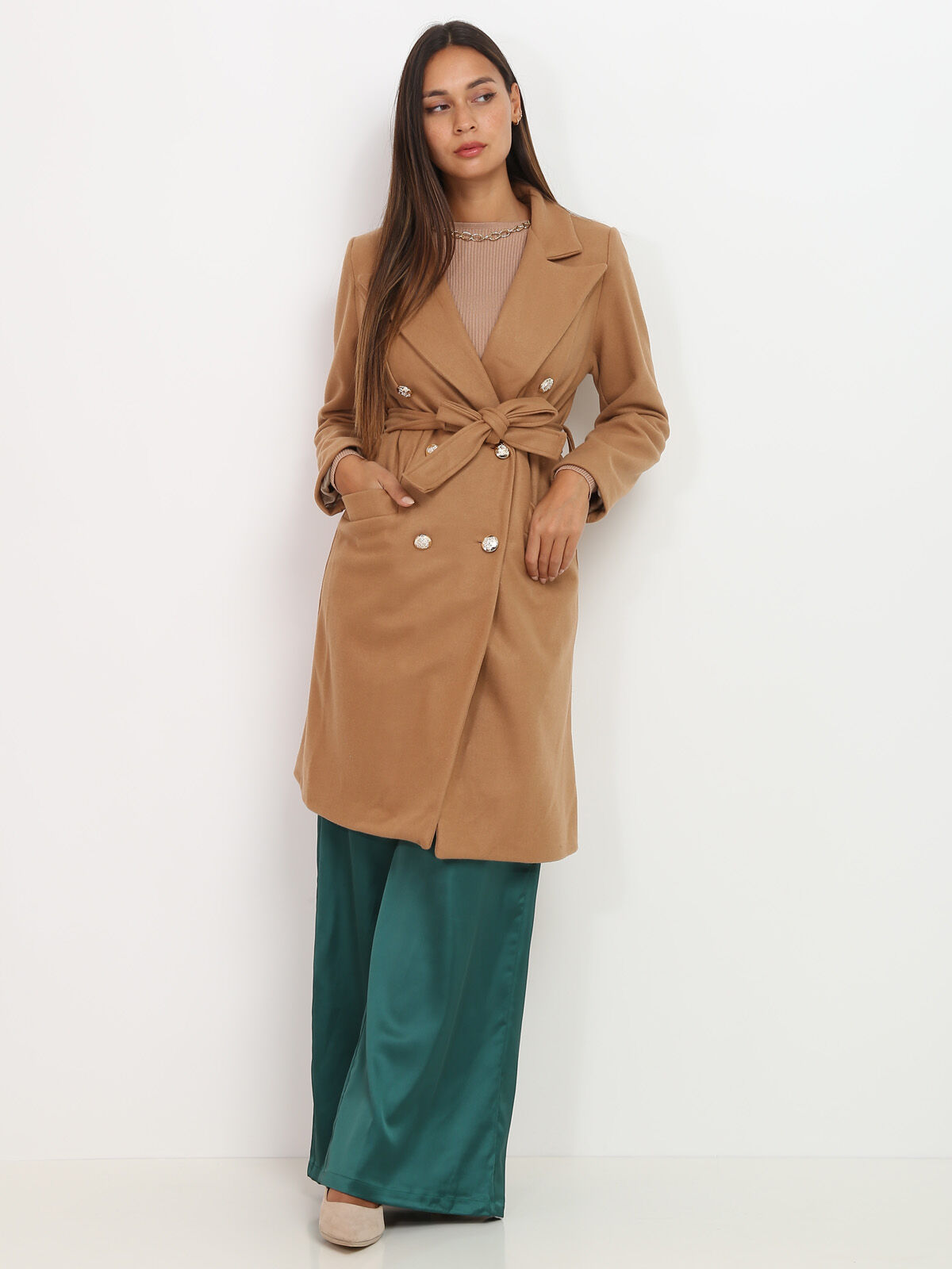 Manteau ceinturé à boutons officier- Camel