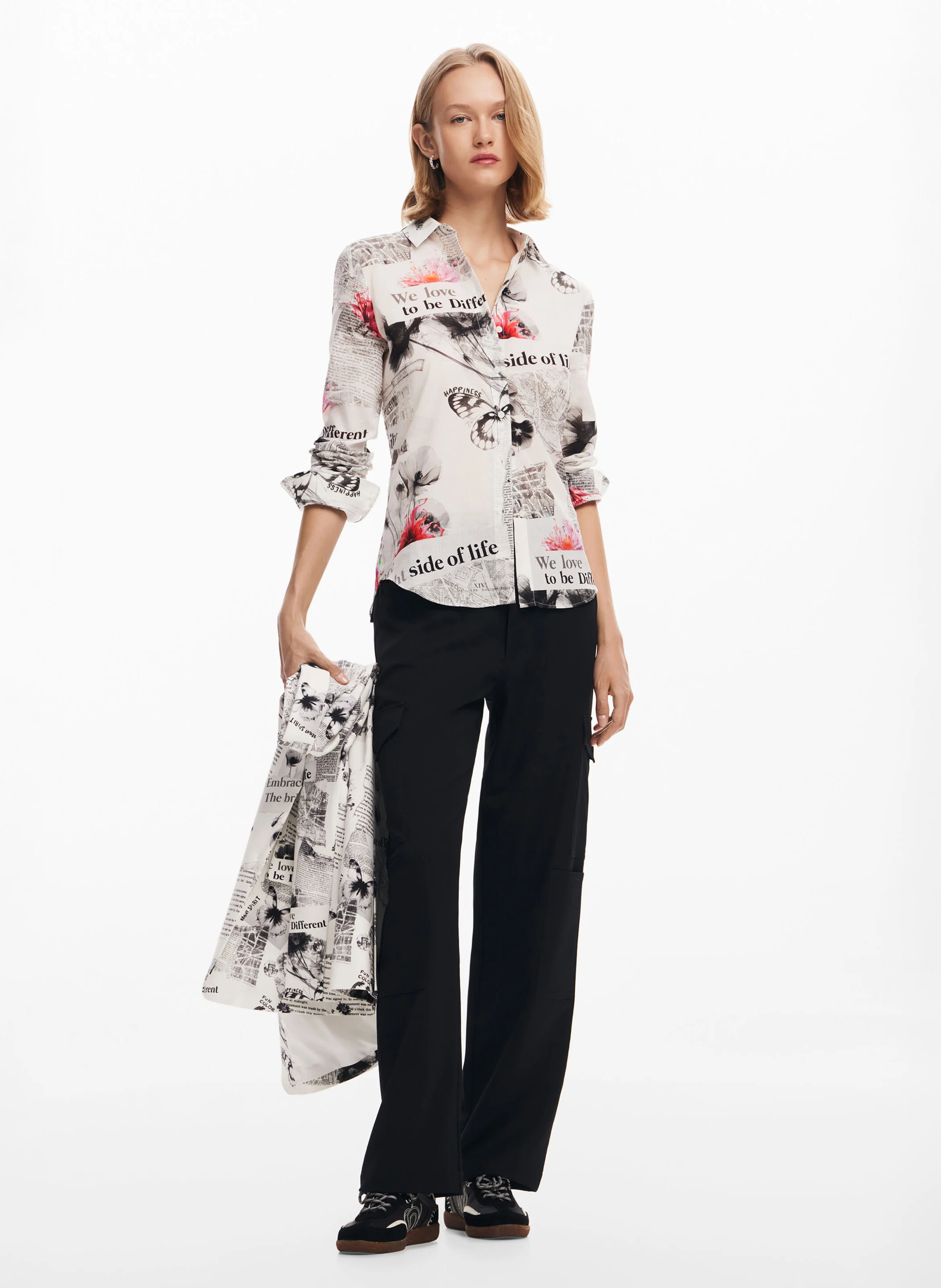 Chemise col classique droite en coton imprimé | Blanc