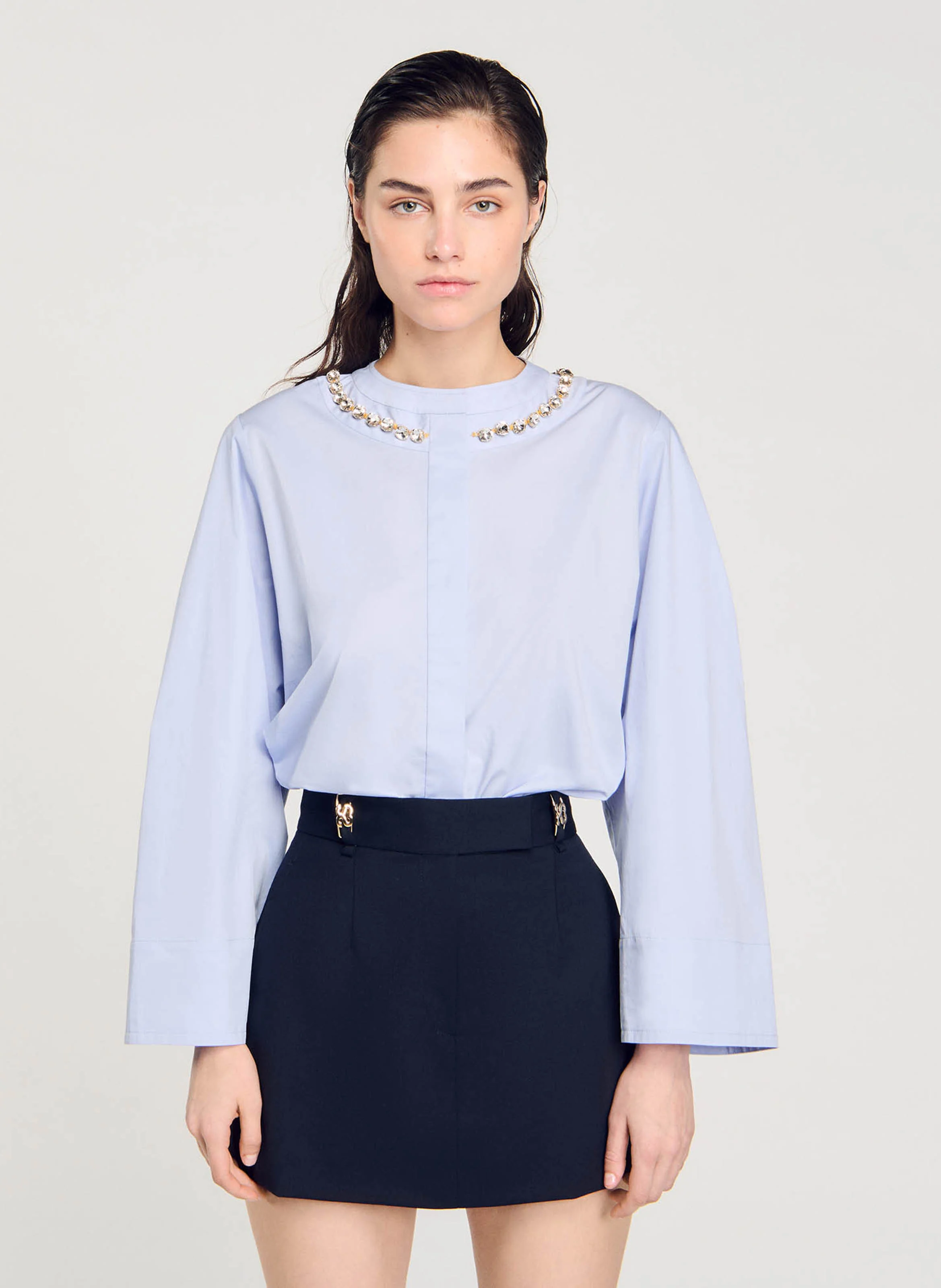 Chemise courte ample col rond en coton mélangé | Bleu