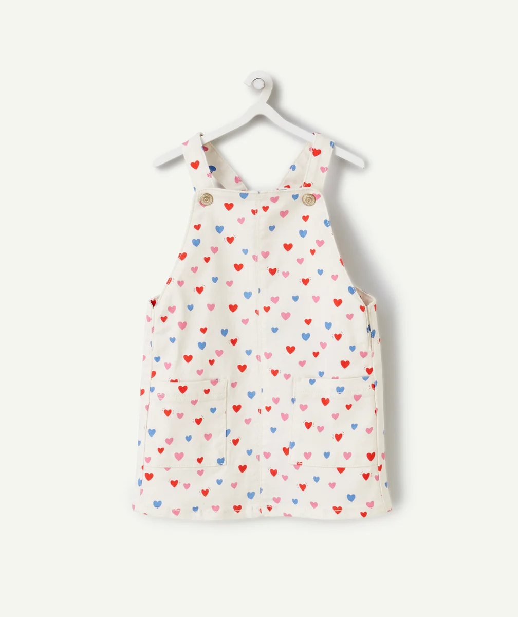 ROBE SALOPETTE BÉBÉ FILLE EN FIBRES RECYCLÉES ÉCRUE IMPRIMÉE COEUR COLORÉ