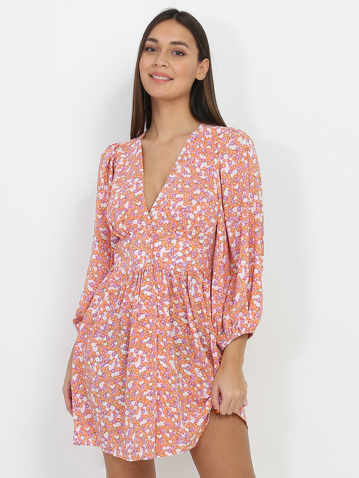 Robe patineuse à fleurs et boutons- Rose