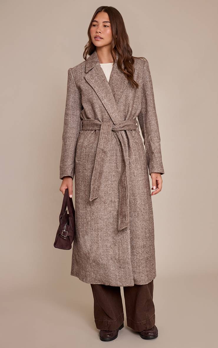 Marron Manteau Long À Chevrons Avec Ceinture À Nouer À La Taille