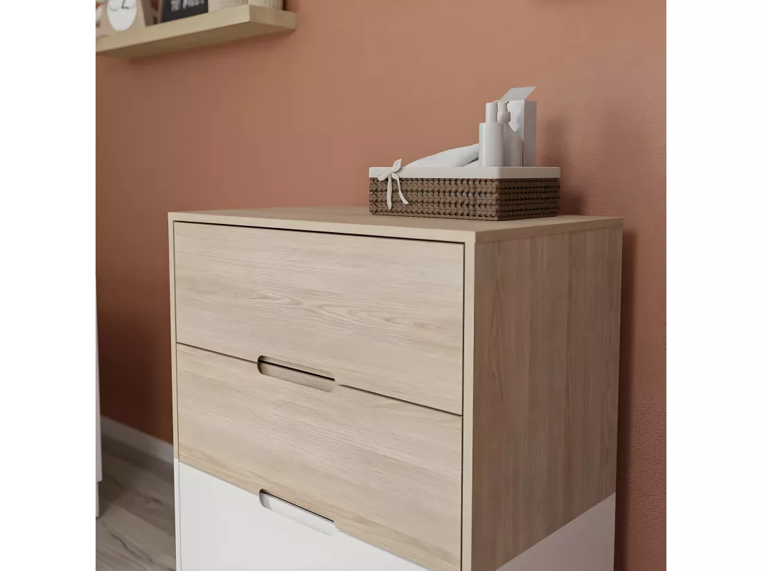 Commode 3 tiroirs panneaux de fibres blanc et bois DIXIE