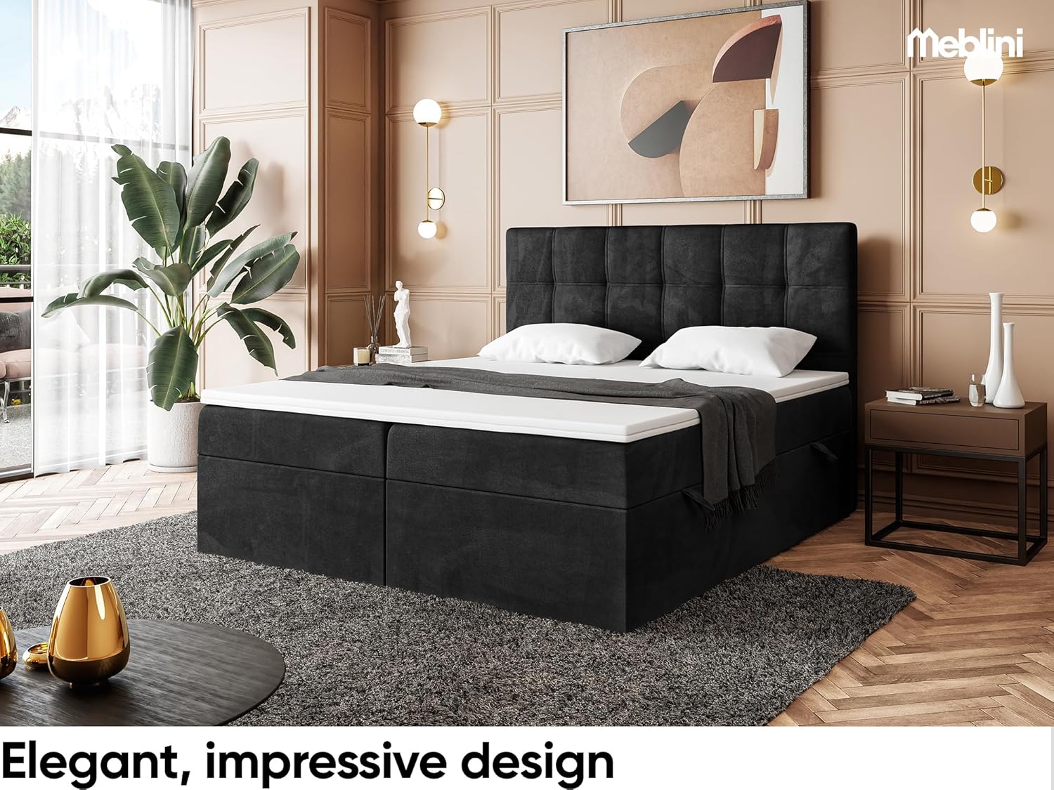 MEBLINI Boxspringbett mit Bettkasten - Gepolstert Doppelbett mit Matratze und Topper - Polsterbett mit Stauraum - Bett mit Kopfteil - Kai - 140x200 - H3/Schwarz Samt