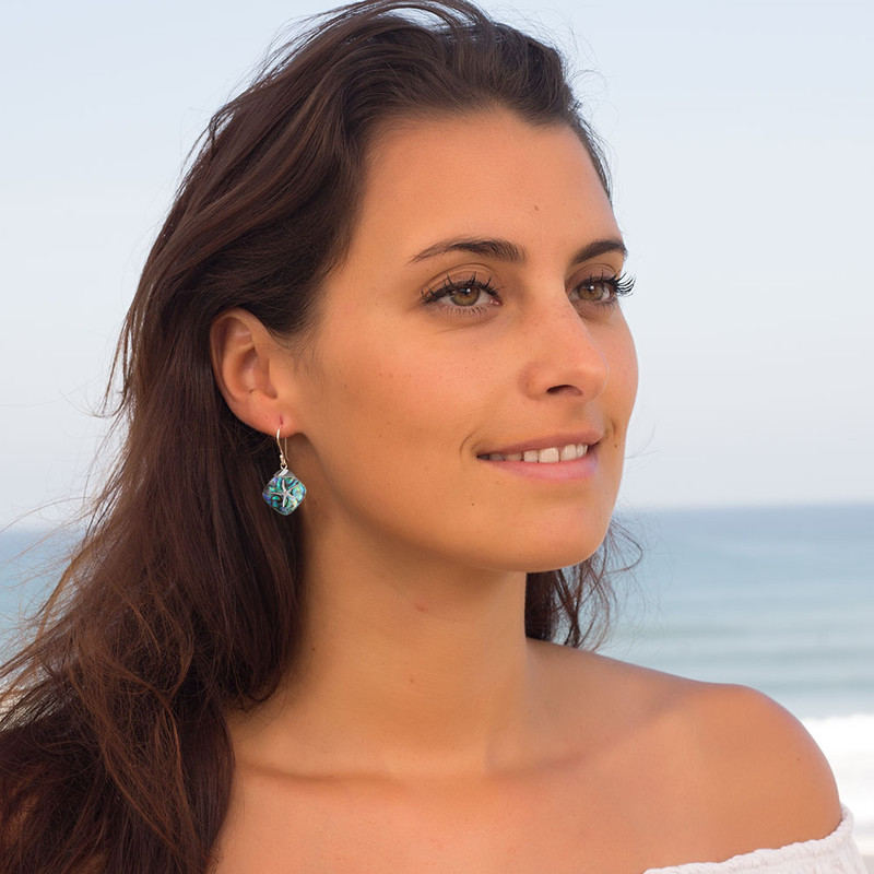 Boucles d'oreilles Etoile de Mer Nacre Abalone sertie Argent 925 rhodié