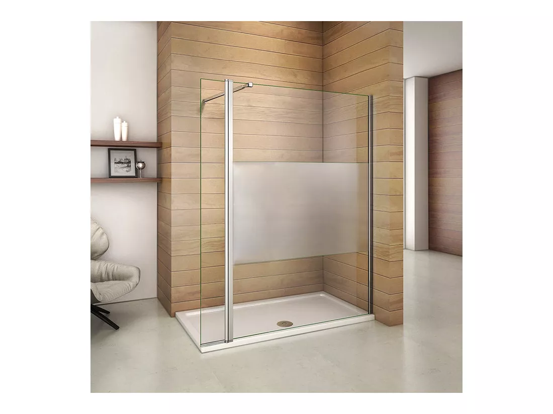 Paroi de douche à l'italienne verre dépoli au centre 140+40x200cm avec retour pivotant, avec barre de fixation 73-120cm