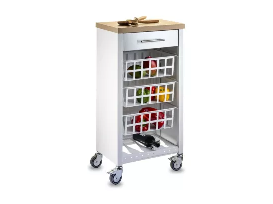Desserte de cuisine, Chariot de rangement - couleur Blanc, Inox, Orme - 93*48*34 cm - KARA]