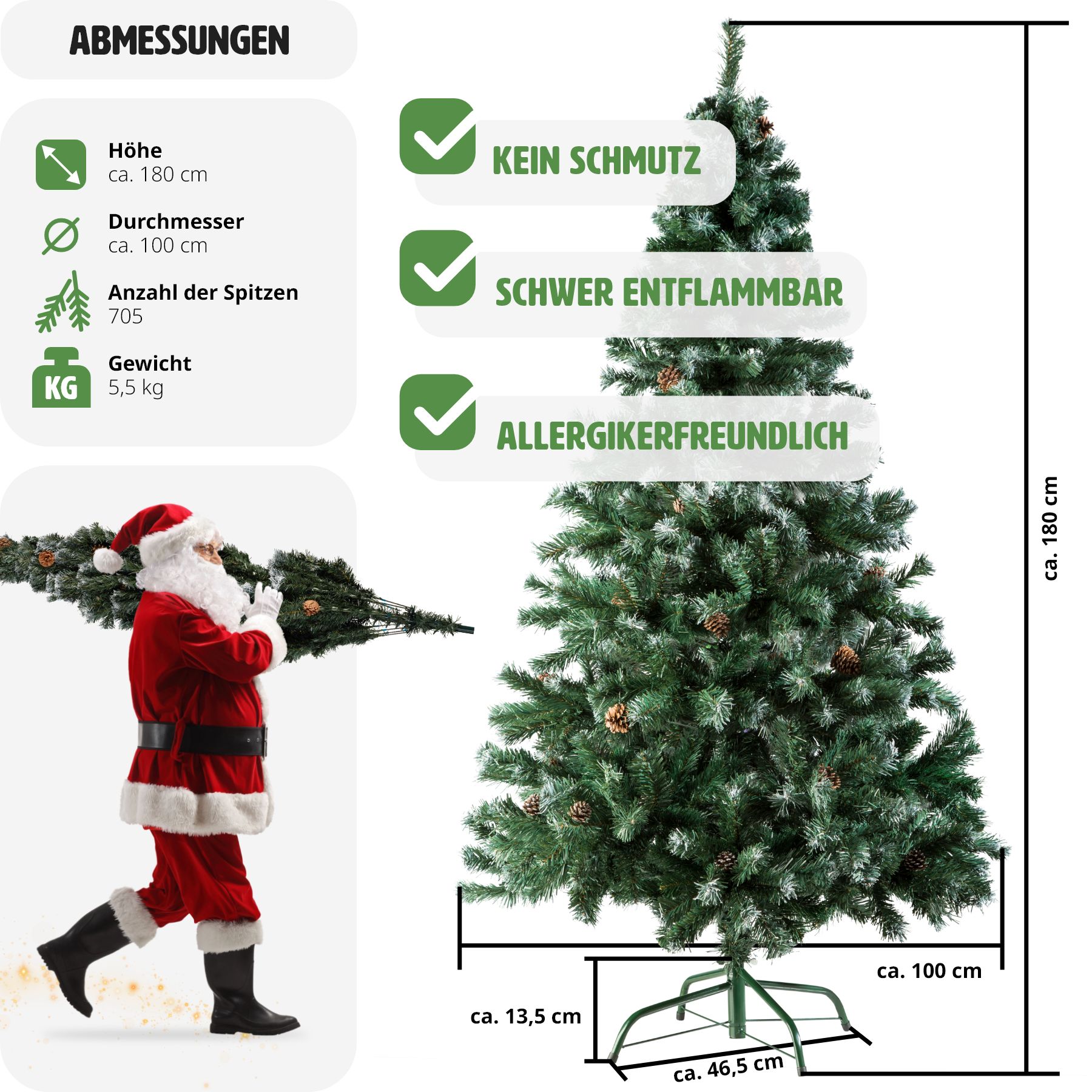 tectake® Weihnachtsbaum, 180 cm, künstlich mit Zapfen, formbar mit viel Volumen, inklusive Metallständer mit Kunststoffkappen