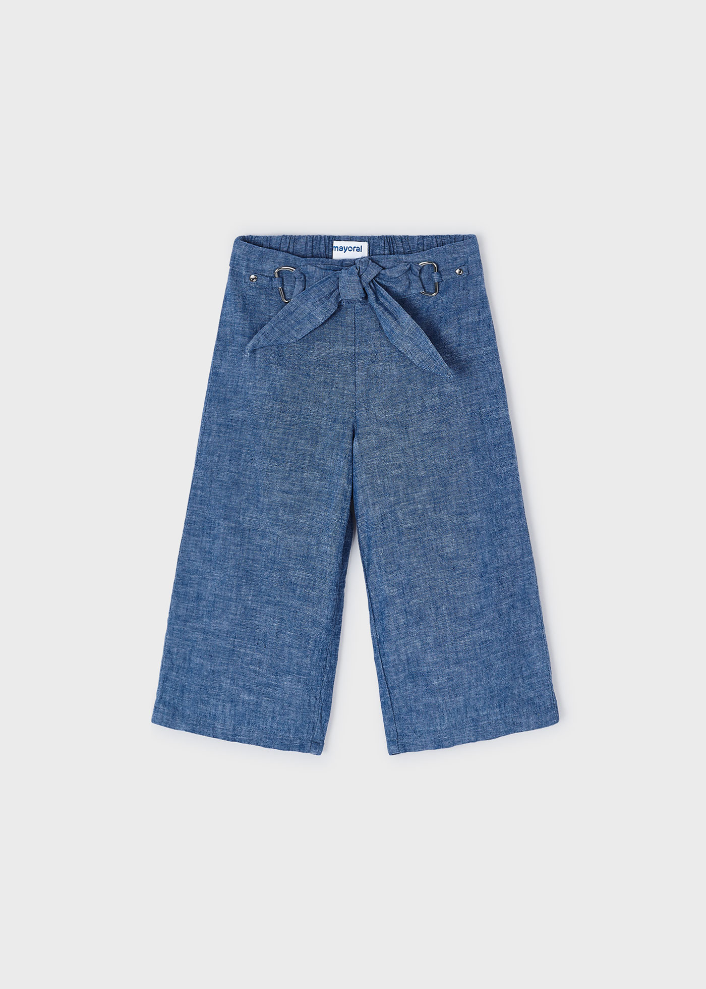 Calças culote de linho azul para meninas
