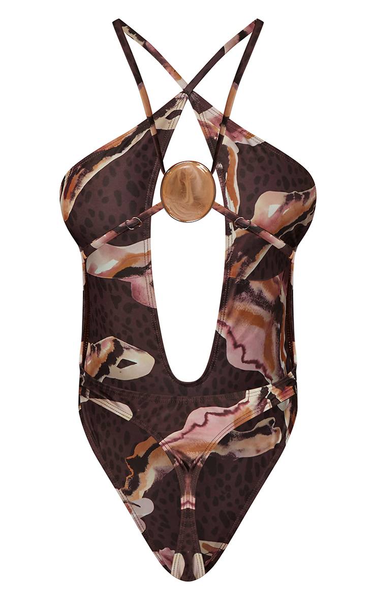 Marron Maillot De Bain Échancré À Décolleté Plongeant Imprimé Animal