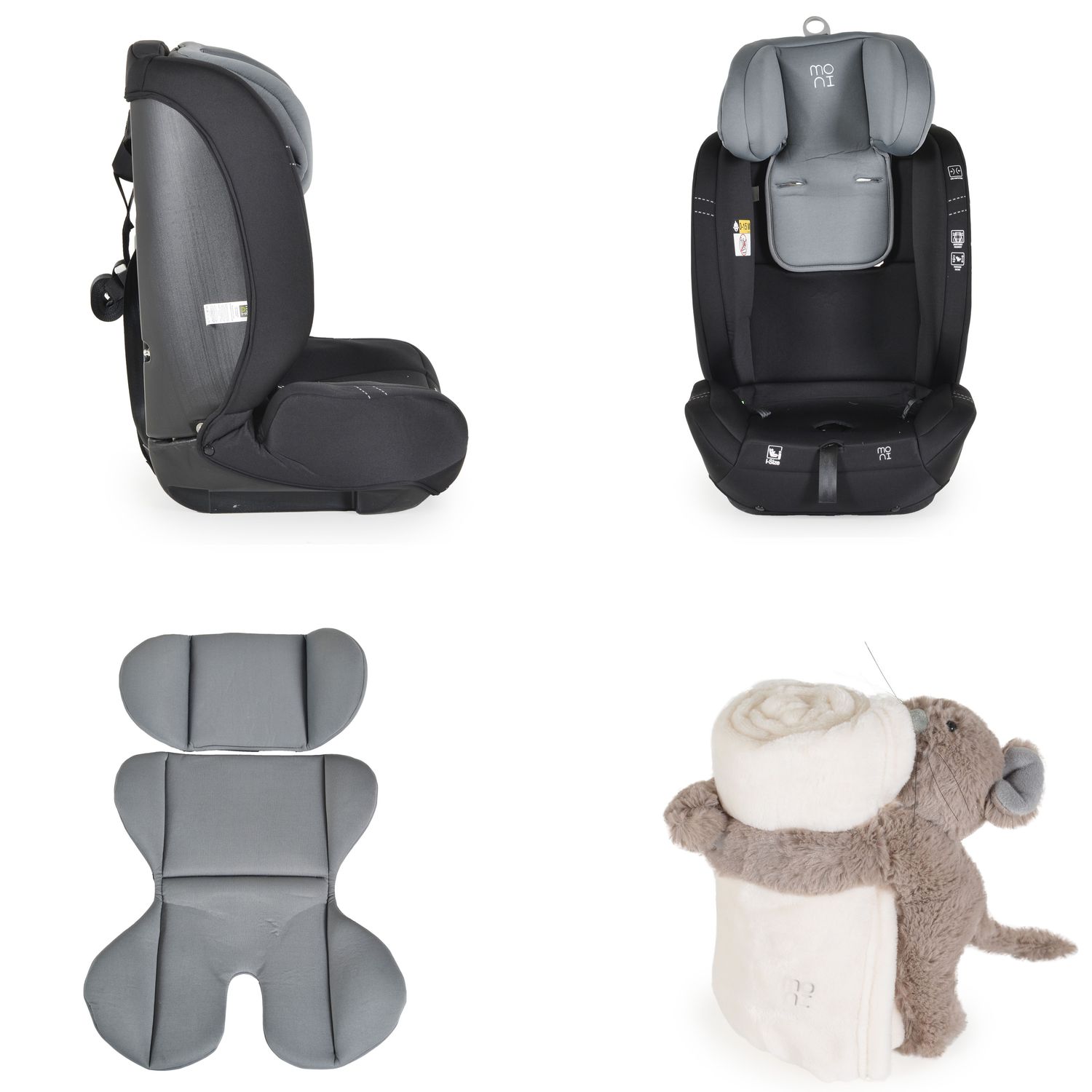 Moni Kindersitz i-Size Start (76-150cm) Kopfstütze verstellbar, Kuscheltier grau