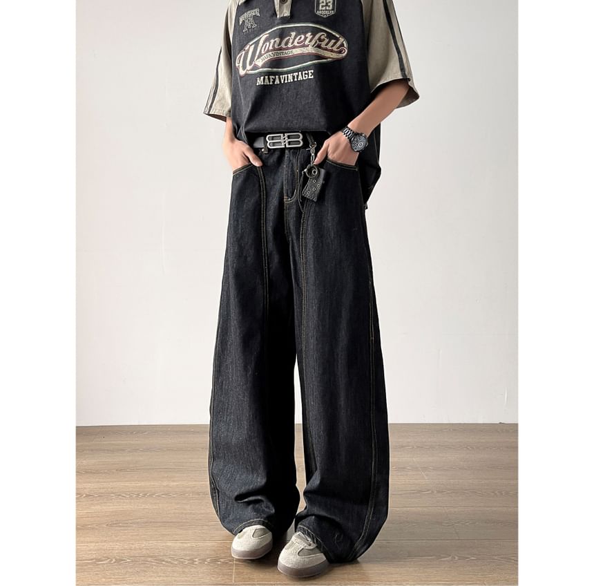 Filmas - Mid Rise Contrast Stitched Washed Wide Leg Jeans