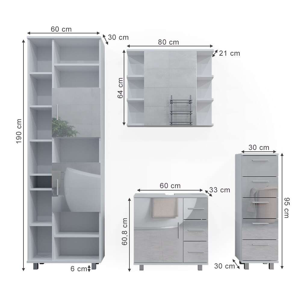 Vicco Badmöbelset Ilias Weiß Hochglanz modern Badezimmer Schrank Badschrank Waschtischunterschrank Spiegelschrank Midischrank Hochschrank Schranktür Schrankschublade Schrankfach Ablage Aufbewahrung