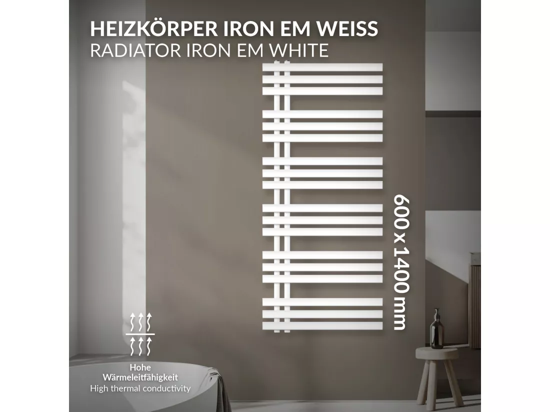 Iron EM Design Radiateur Sèche-Serviettes, 600 x 1400 mm, Blanc, Radiateur Salle de Bain
