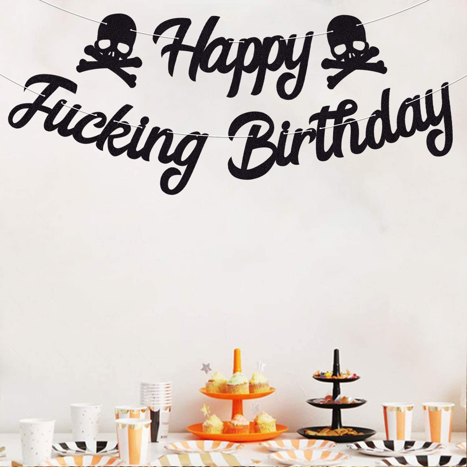 Happy F... Birthday Geburtstags Girlande Party Deko Totenkopf Accessoire - Schwarz (Glitzer)