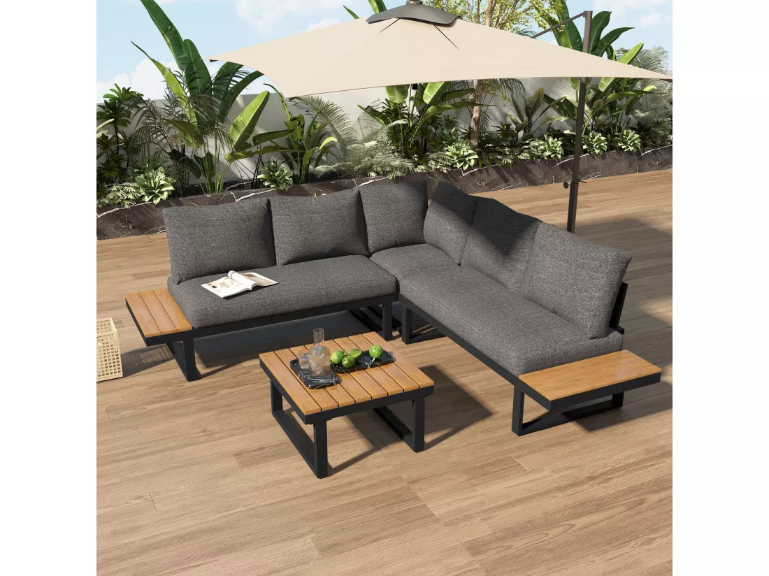 Ensemble de relaxation de jardin, position d'angle, chaise longue réglable (5 niveaux de réglage, max. 55°), avec table basse, gris + noir