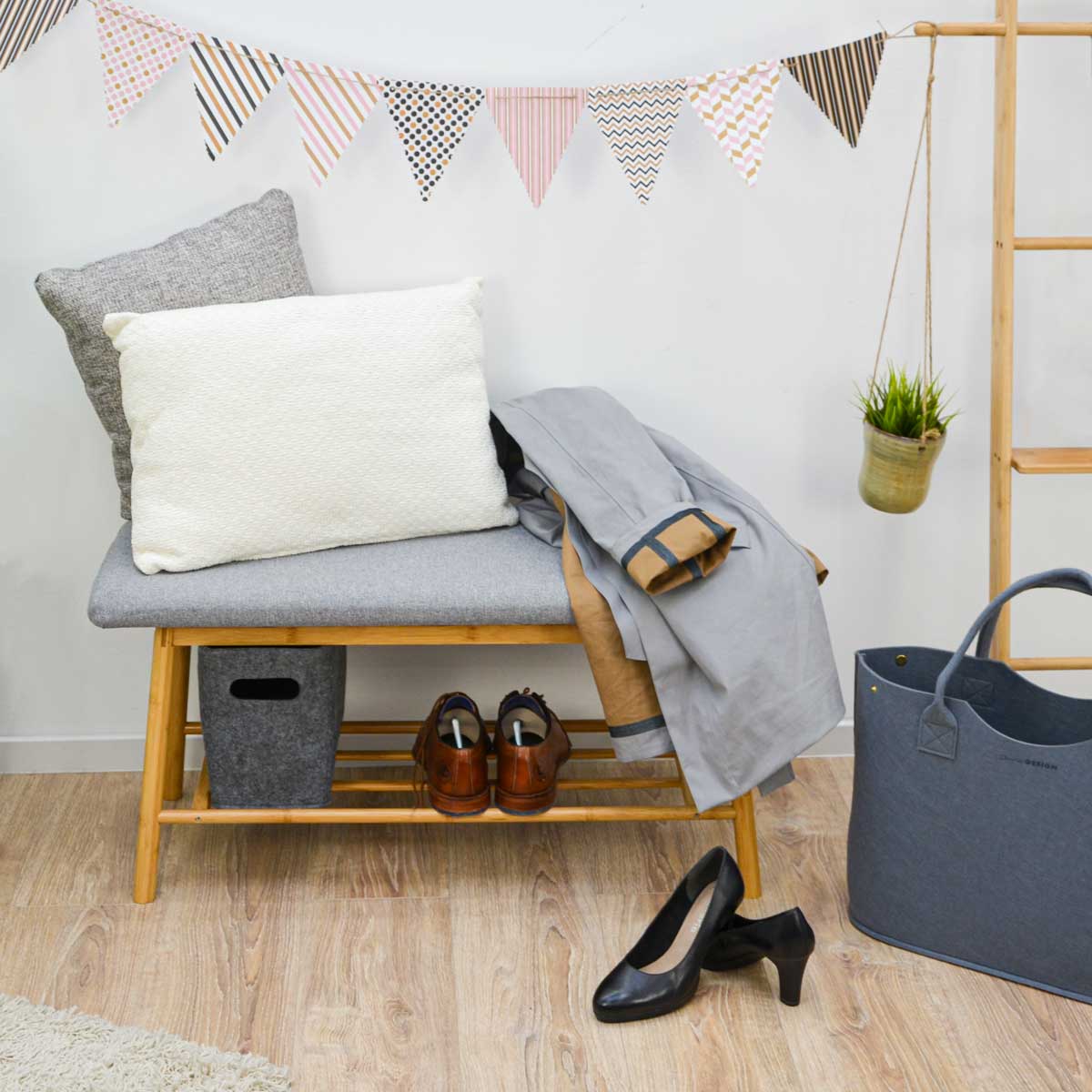 Nordic Sitzbank mit 3 Filzkörben 90x34x44 Bambus Schuhbank Holz Bank für Flur