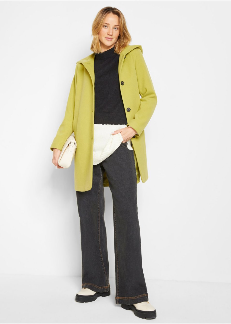 Manteau court imitation laine à capuche