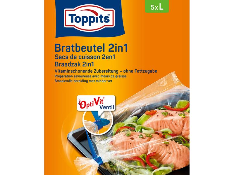Toppits Bratbeutel 2 in 1 Grösse L, 5 Stück Bratbeutel für fettfreies Braten und Dampfgaren