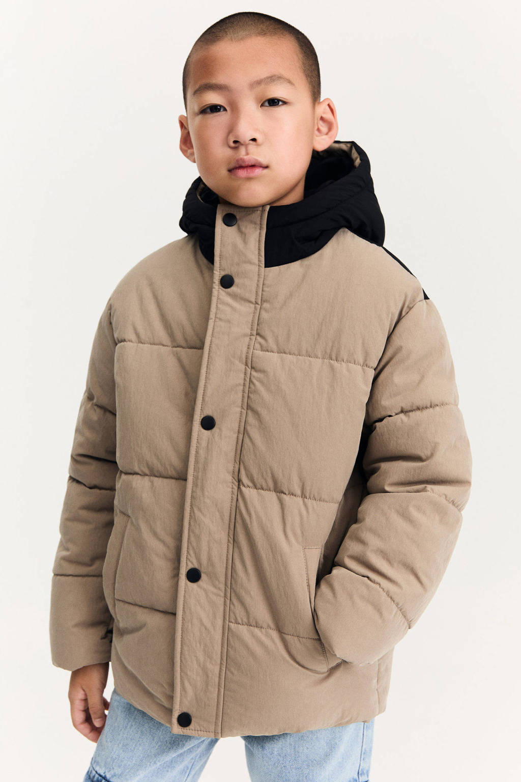 Mango Kids gewatteerde winterjas middenbruin/zwart