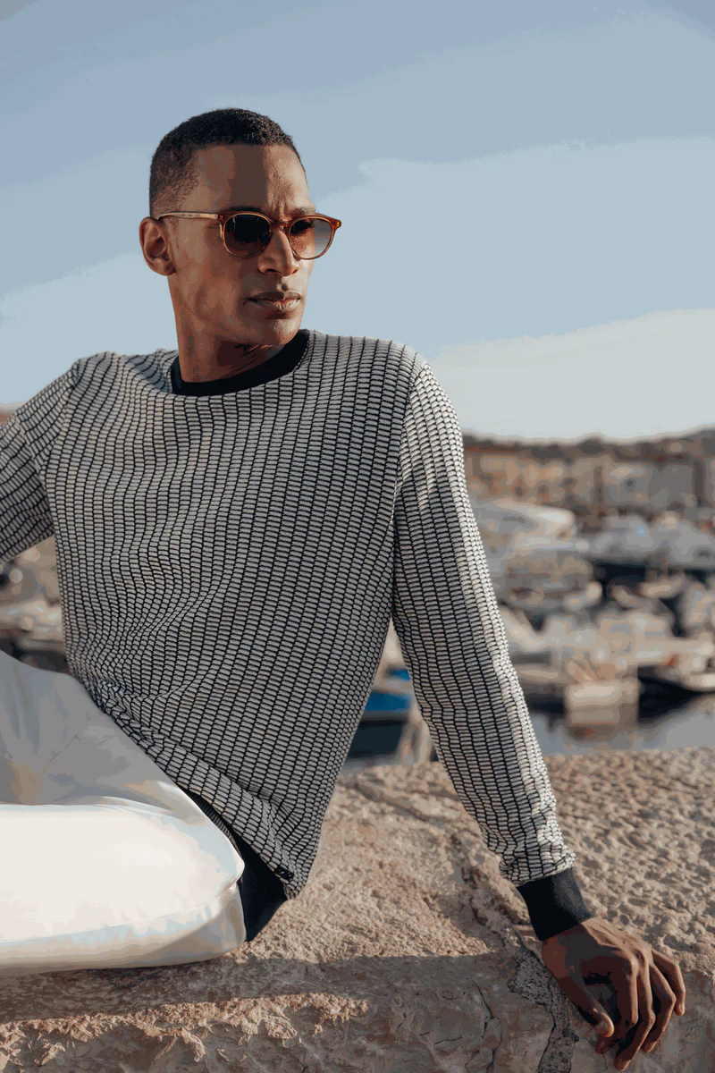 Pull col rond bicolore marine