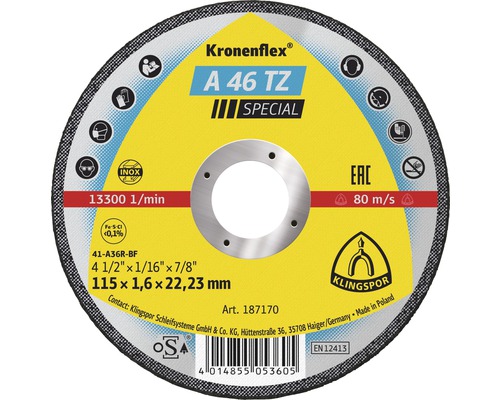 Doorslijpschijf INOX Klingspor A 46 TZ Special Ø 115x22,23 mm