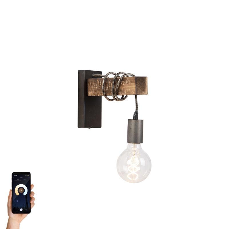 Smart industriële wandlamp zwart met hout incl. wifi G95 - Gallow