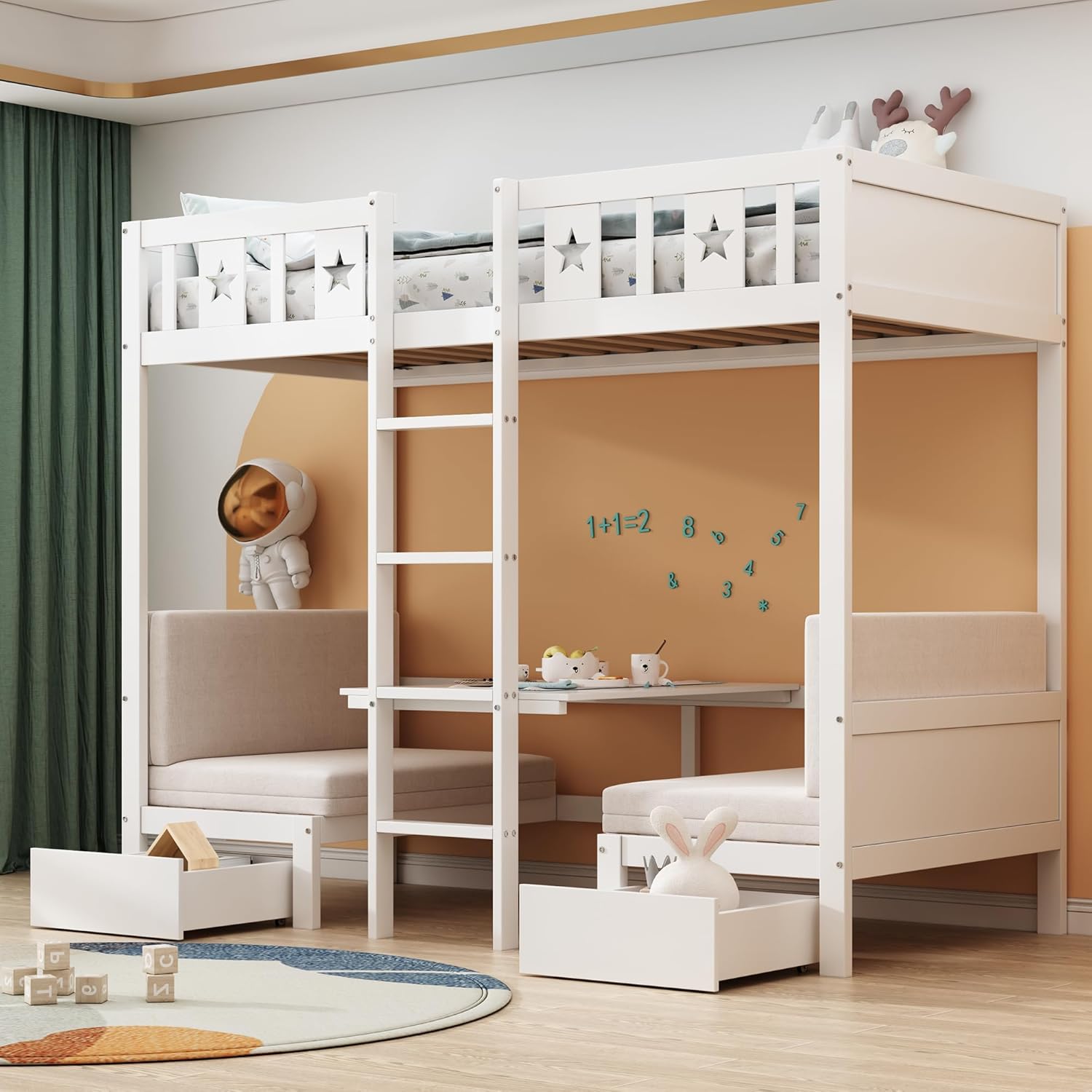 Platzsparendes Etagenbett für Kinder, Hochbett mit Flexibler Tisch und Holzsofa, Kinderbett mit Treppe und 2 Schubladen, 90x200cm Funktionsbett Stockbett Hochbett Jugendhochbett, Weiß, Ohne Matratze