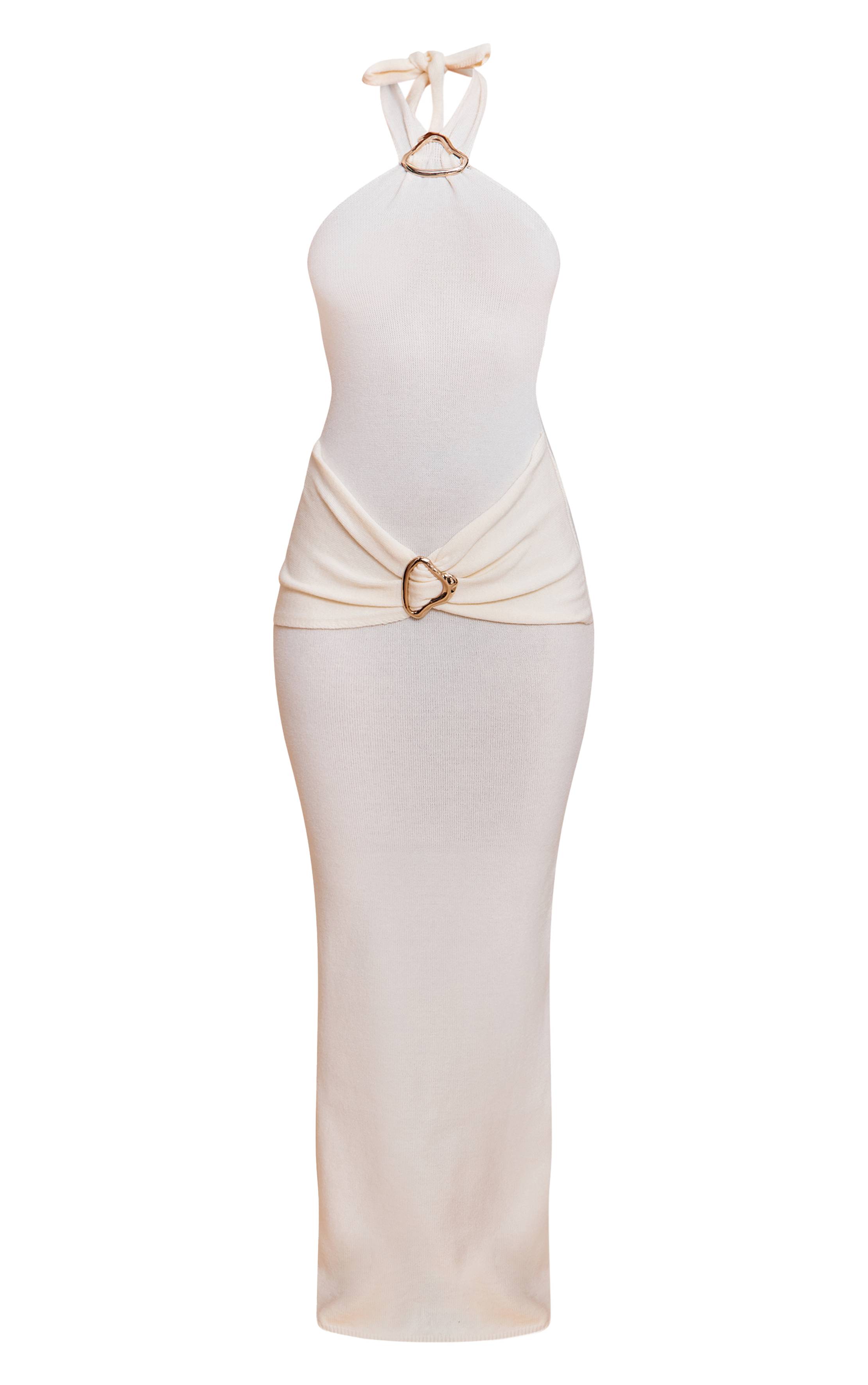 Crème Robe Longue Cache-cœur À Col Licou Avec Détails Ornementaux