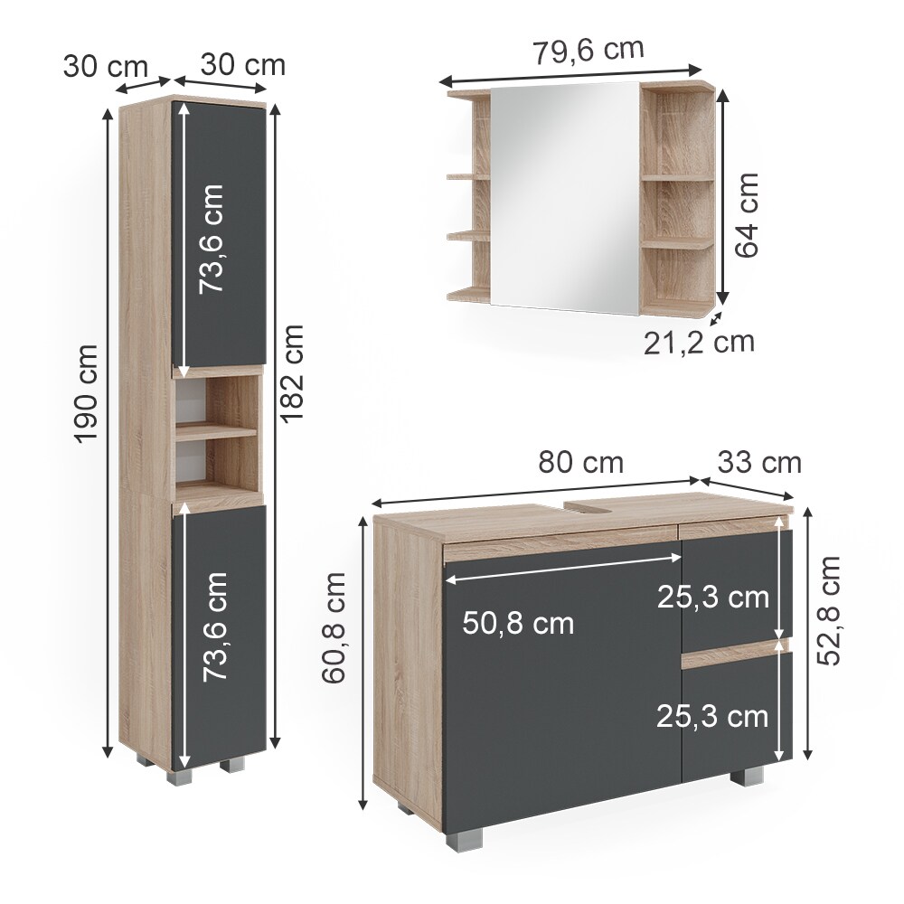 Vicco Badmöbelset J-shape Sonoma Anthrazit modern Badezimmer Schrank Badschrank Waschtischunterschrank Spiegelschrank Hochschrank Schranktür Schrankschublade Schrankfach Ablage Aufbewahrung