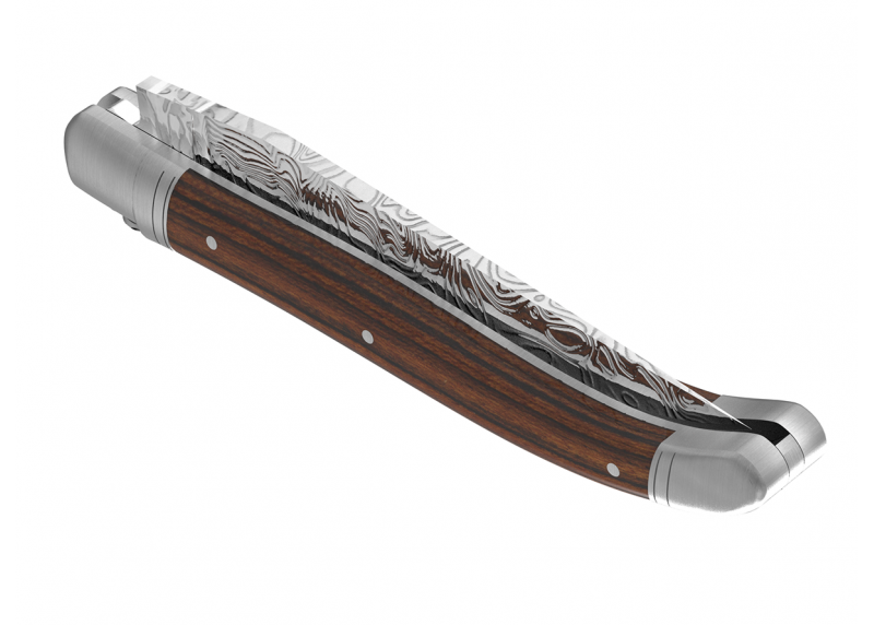 Couteau Laguiole collection damas avec un manche en bois de bocote et 2 mitres en acier inoxydable