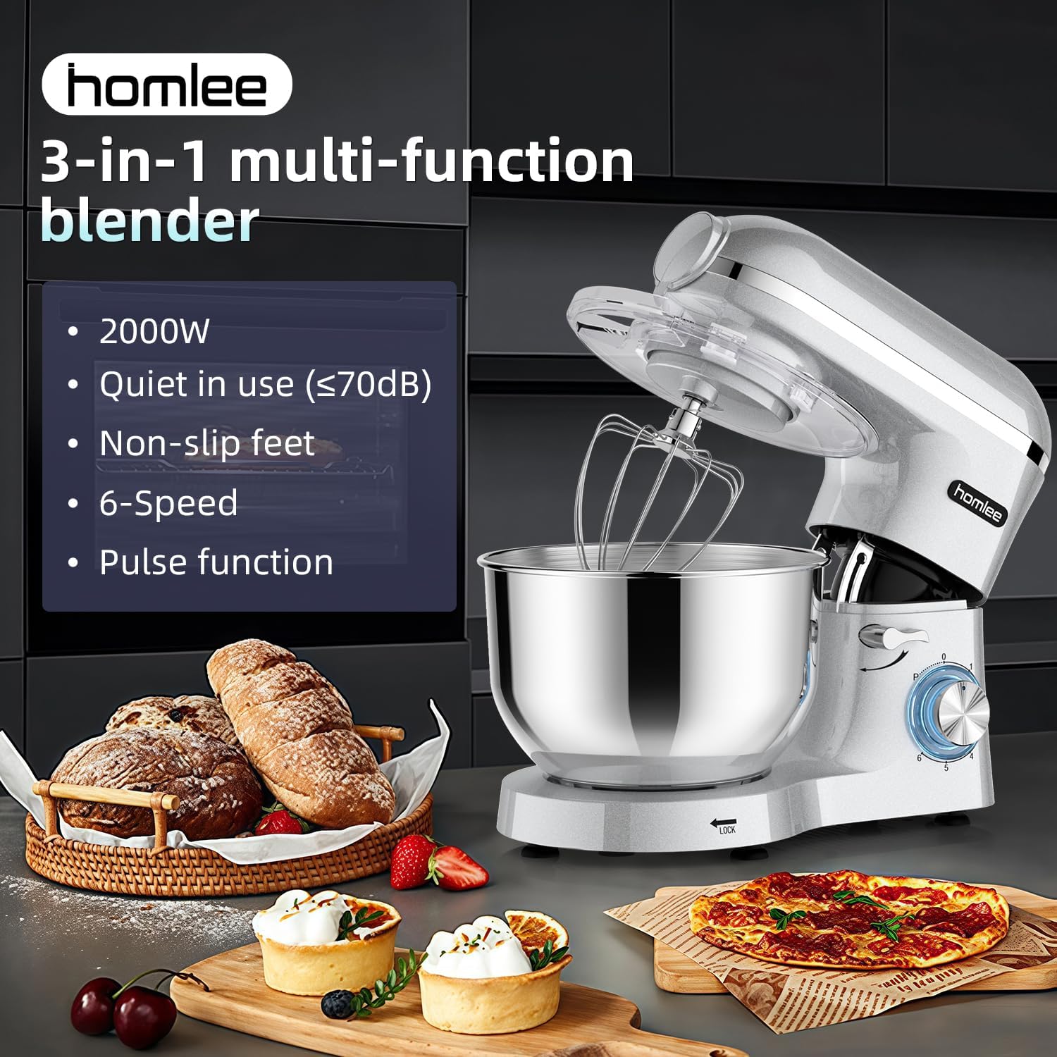 3 in 1 Universal Küchenmaschine 2000W Multifunktionale Knetmaschine 6-stufige Gescheindigkeit Mixer, mit Fleischwolf, 1.5L Saftpresse, 5.5L Edelstahlschüssel knetmaschine
