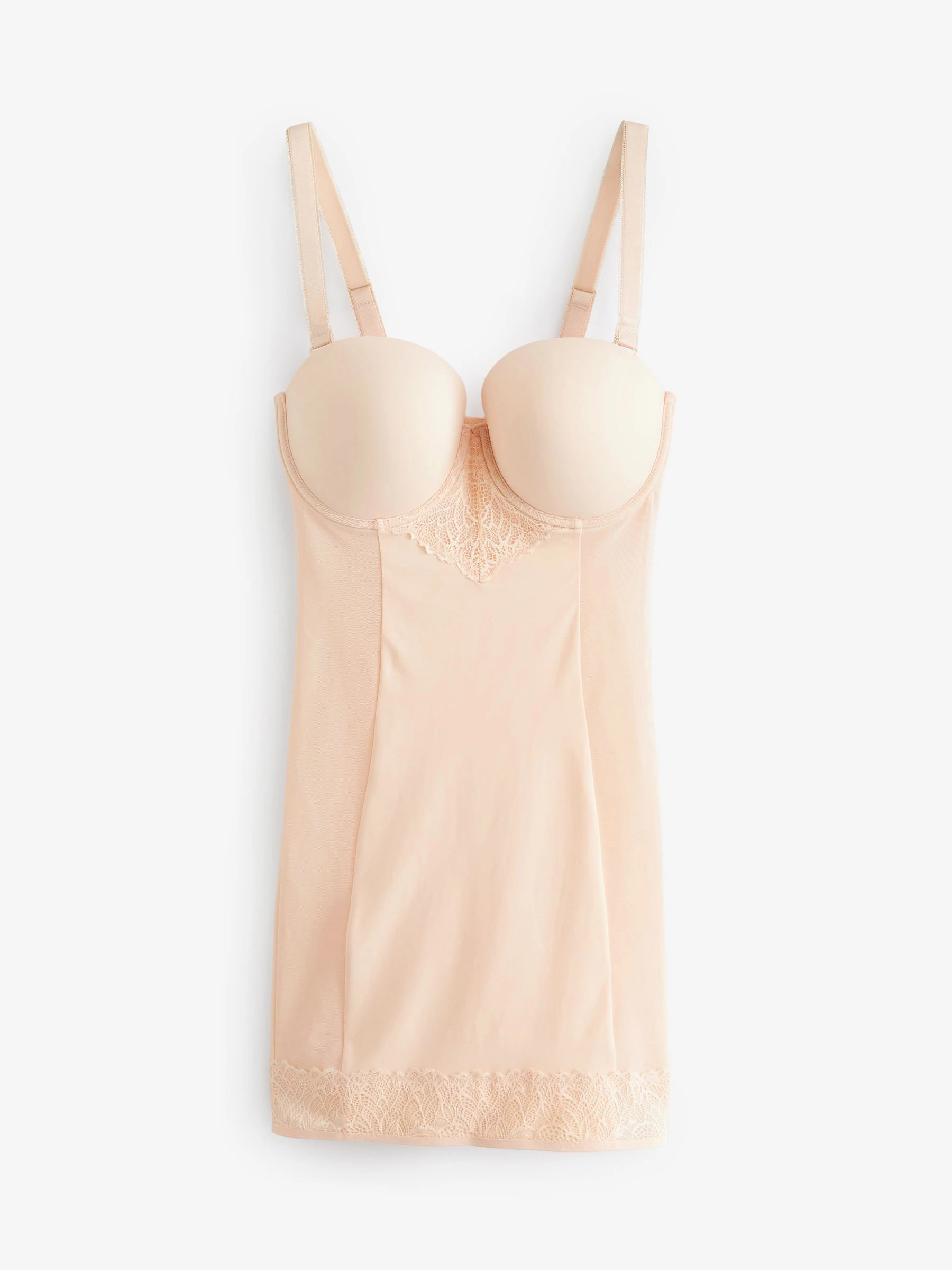 Pastelroze nude - Kanten DD+ slipdress met lichte vulling en sterke buikcorrectie